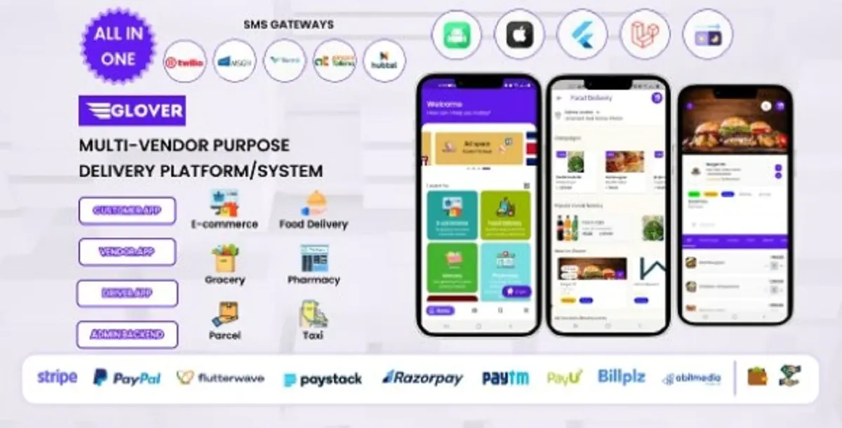 GLOVER – Multi-Service Super App Platform for Food, Grocery, Pharmacy, Parcel, Ride Hailing & More