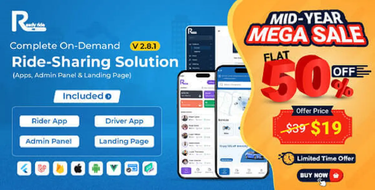 ReadyRide – Complete Ride Sharing Rider & Driver Mobile Apps with Web Admin Panel | RiderShar