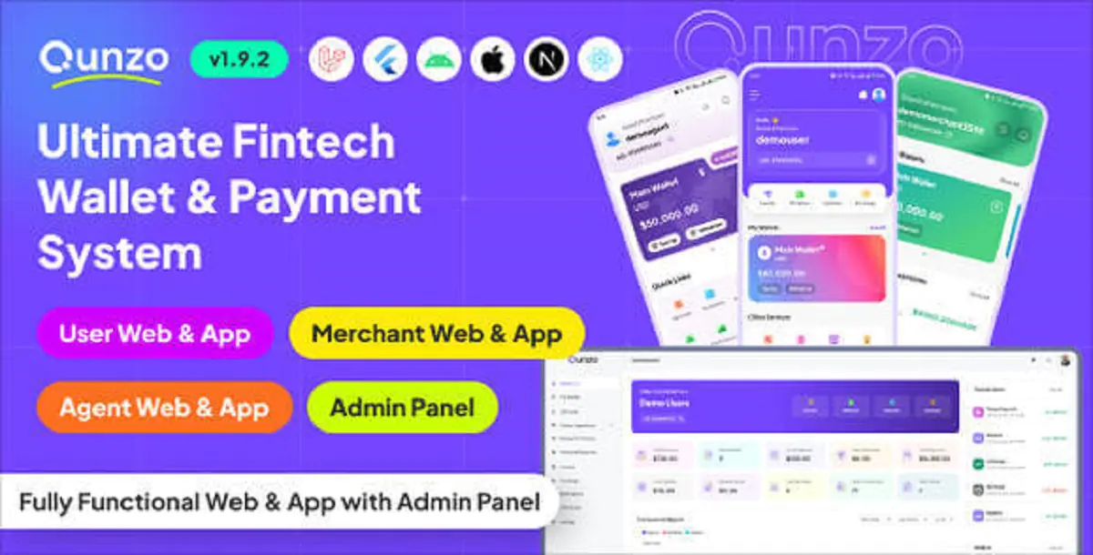 Qunzo – Fintech Wallet App and Web with User, Agent and Merchant Modules Including Admin Panel