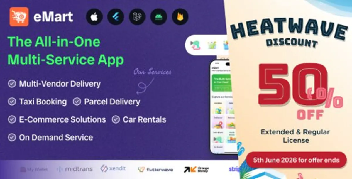 eMart | Multivendor Food, On-demand, eCommerce, Parcel, Taxi Booking, Car Rent App with Admin & Web
